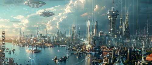 AI-Powered Future World, Image of a future city using artificial intelligence to control various systems, showing the impact of artificial intelligence on the way of life