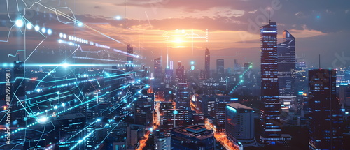 AI-Powered Future World, Image of a future city using artificial intelligence to control various systems, showing the impact of artificial intelligence on the way of life