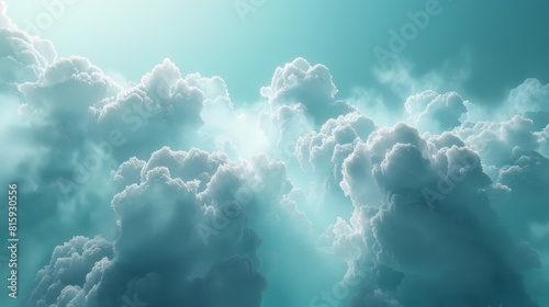 3d Luminous Cloud Billows on Turquoise Blue Background with Fine Grain