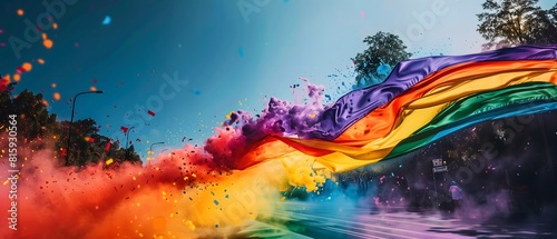 Rainbow flag flying in the wind on a city street, surrounded by colorful smoke and confetti. The flag is depicted in the style of a wide angle lens in daylight, concept of a gay pride celebration
