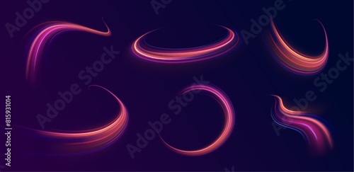 Light trail wave, fire path trace line, car lights, optic fiber and incandescence curve twirl. Neon color glowing lines background, high-speed light trails effect. 