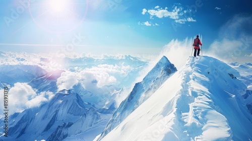 Mountaineer reaches the top of a snowy mountain in a sunny winter day. Generative AI