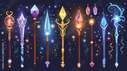Modern cartoon set of sorcerer or magician wooden and metal sticks with crystals and glow isolated on background.