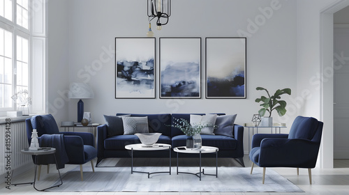White living room wih navy blue armchair sofa and posters : Generative AI