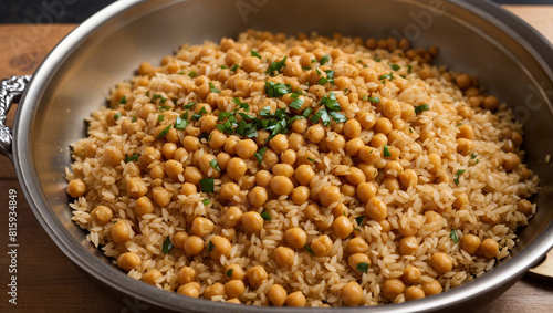 This image contains a metal colander with rice and chickpeas.