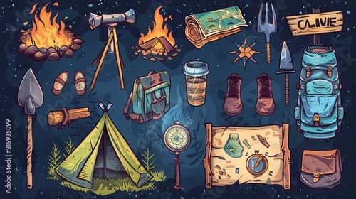 Camp icons with tent, backpack, map, compass, and fire. Modern set of symbols of hiking equipment, campfire, trailer, shovel, shoes, bowler, and signpost.