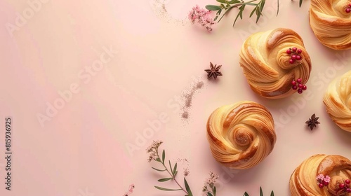 Top view background with a variety of bakery products and bread