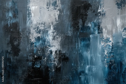 Modern abstract painting with blue, white, and black strokes, creating a textured backdrop
