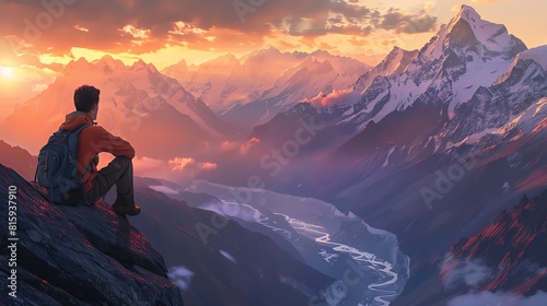 A young man with short hair and a backpack sitting on the top of the Himalayan mountains, overlooking a beautiful valley below. A dramatic sunset sky above the mountains, creating an epic landscape. T