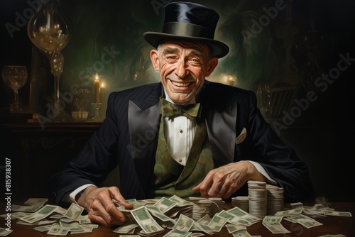 Portrait of a rich old man in a suit and top hat sitting at a table with money counts income in a dark room with candles on the background.