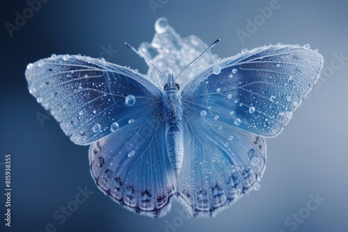 A stunning blue butterfly with wings adorned in delicate water droplets