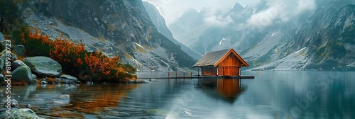 Mountain hut at the lake - Morskie Oko, The Tatra Mountains, Poland realistic nature and landscape