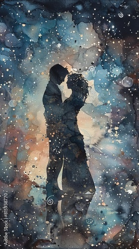 Craft a traditional watercolor painting showcasing a tender moment between two individuals under a canopy of shimmering stars Emphasize the play of light and shadow to evoke a sens