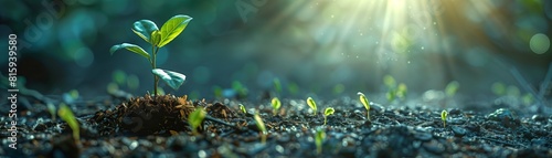 A symbolic representation of a seedling's growth journey intertwined with monetary symbols, accentuated by cinematic lighting to emphasize the concept of financial evolution