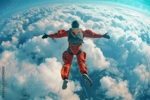 Exhilarating Free Fall: Skydiver with Arms Spread Conquering Fears and Embracing Freedom