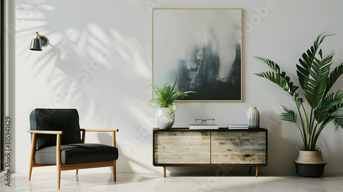 Modern design home interior of living room with wooden commode design black armchair tropical leafs and elegant accessories Stylish home decor Mock up abstract paintings on the wall Te : Generative AI