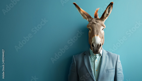 Male donkey in a suit standing portrait wallpaper with copy text space - ai generative