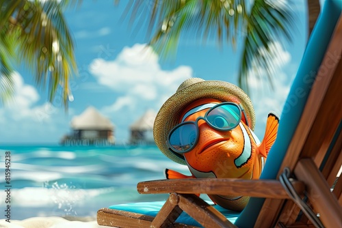 clown fish with panama hat wearing sunglasses sunbathing on a sun chair on a tropical beach, caricature