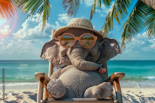 elephant with panama hat wearing sunglasses sunbathing on a sun chair on a tropical beach, caricature