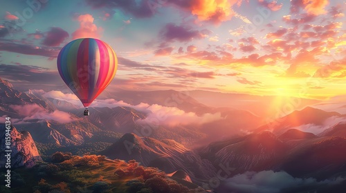 Colorful hot air balloon flying over a beautiful valley at sunset. Digital illustration in the style of Fantasy landscape with colorful clouds and mountains. Travel concept. High resolution.