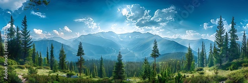 Mountain landscape with green pine trees realistic nature and landscape