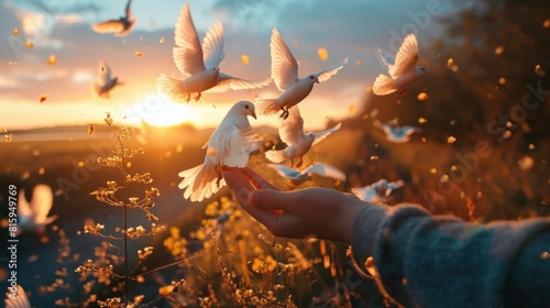 A woman is releasing doves into the sky with their hands, symbolizing freedom and hope during sunrise. The background is a blurred landscape of nature.