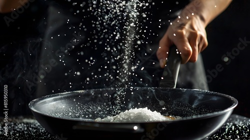 Cooking roasted aromatic salt in a pan by chef hand. 