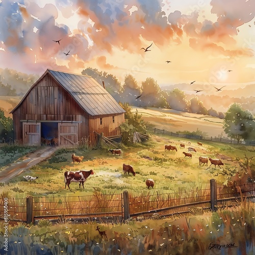 A rustic farm scene at sunrise, watercolor style, with a barn, chickens pecking, and cows grazing in soft morning light