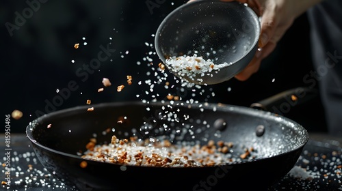 Cooking roasted aromatic salt in a pan by chef hand. 