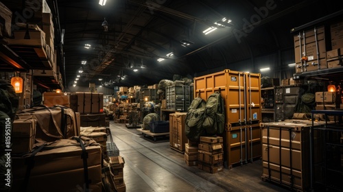 Warehouse on a military base. Soldiers and workers during warehouse work. Military supply system for modern military operations. Redistribution of ammunition and weapons for modern warfare.