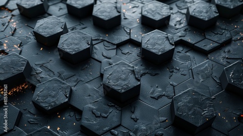 3d Sophisticated Pentagon Structures on Bold Black Background with Fine Grain