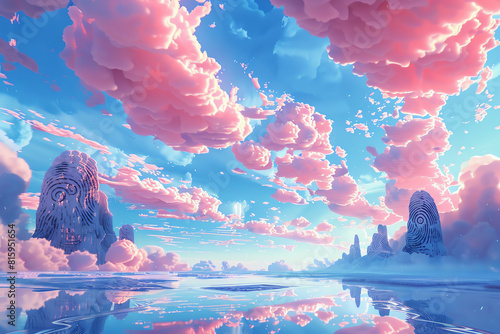 A beautiful dreamscape painting of a pink and blue sky with large pink clouds and a lake reflecting the sky. Fantasy mountain like a fingerprint shape. Generative ai.