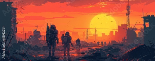 A post-apocalyptic battlefield where mechanized soldiers clash amidst the ruins of a once-great city, their weapons and armor gleaming in the harsh light of a dying sun, and the fate of humanity hangs