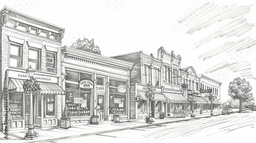 charming midwest main street historic storefronts and downtown architecture sketch illustration