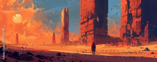 A cybernetic wasteland where the ruins of civilization are swallowed by the encroaching sands, their silent streets haunted by the ghosts of the past. illustration.