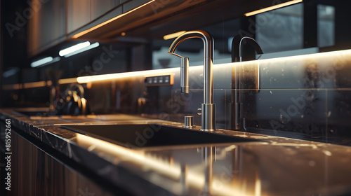 kitchen area in a chic expensive interior of a luxury home with a dark black and brown modern design with wood trim and led light : Generative AI