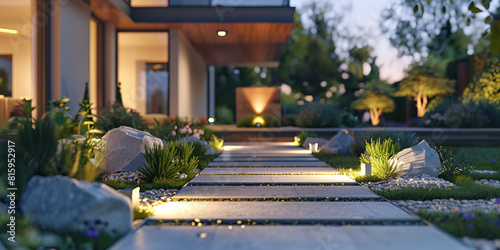  Modern gardening landscaping design ,Garden stone walkway with lighted candles in the evening. Resort and hotel with nature for travel, 