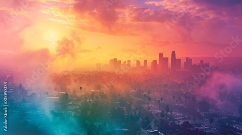 A vibrant cityscape where the usual smog is transformed into a captivating vortex of smoke in LGBTQ colors, symbolizing visibility and presence, seen from a high vantage point. Created Using: vibrant
