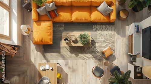 Living room decor flat design top view interior design theme 3D render Complementary Color Scheme