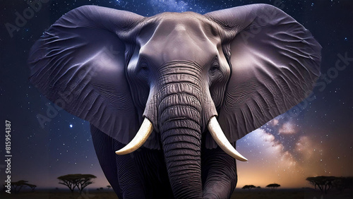 Large male African elephant with tusks, walking in Savanna, large ears extended, starry night sky in background, copy space