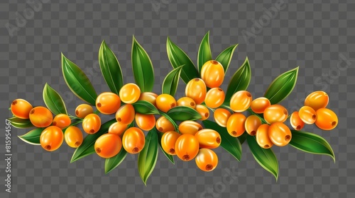 Modern realistic illustration of sea buckthorn elements and fruits with orange berries on transparent background. Natural plant, fresh seabuckthorn fruits of fresh seabuckthorn.