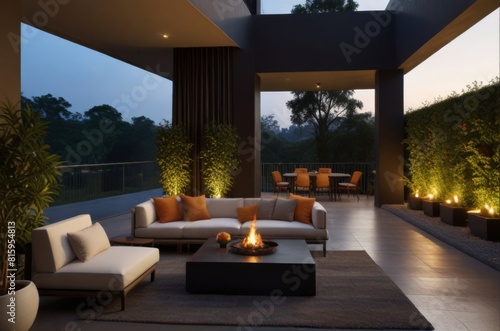 an enticing terrace of a middle-class home, where the element of fire is subtly incorporated into the design, creating a dynamic and eclectic ambiance. Luxurious touches adorn the space