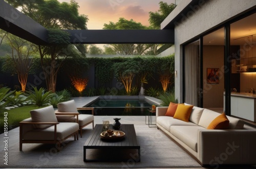 an enticing terrace of a middle-class home, where the element of fire is subtly incorporated into the design, creating a dynamic and eclectic ambiance. Luxurious touches adorn the space