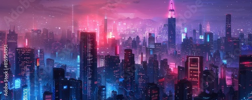 A futuristic megalopolis bustling with activity, its towering skyscrapers and neon lights illuminating the night sky. illustration.