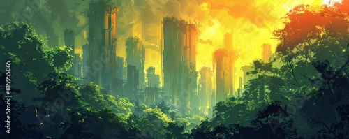 A post-apocalyptic wilderness where nature has reclaimed the land, with towering trees and lush foliage concealing the remnants of human civilization. illustration.