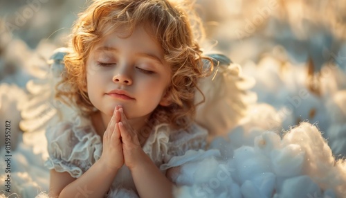 Angelic toddler clasping hands serenely with closed eyes on ethereal clouds of white.