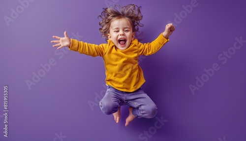 Boisterous toddler leaping with joyful abandon, all smiles against a bold royal purple.