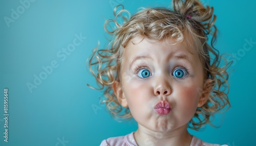 Silly toddler going cross-eyed, making a whimsical funny face on turquoise blue.