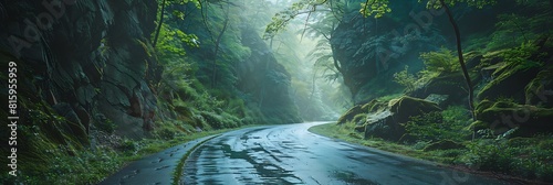 Mountain road going through public park with steep rock face realistic nature and landscape