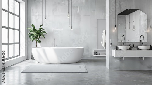 Against the backdrop of a serene white bathroom interior featuring a concrete floor, a woman savors the luxury of the modern shower stall, double vessel sinks, and mirrored perfection.